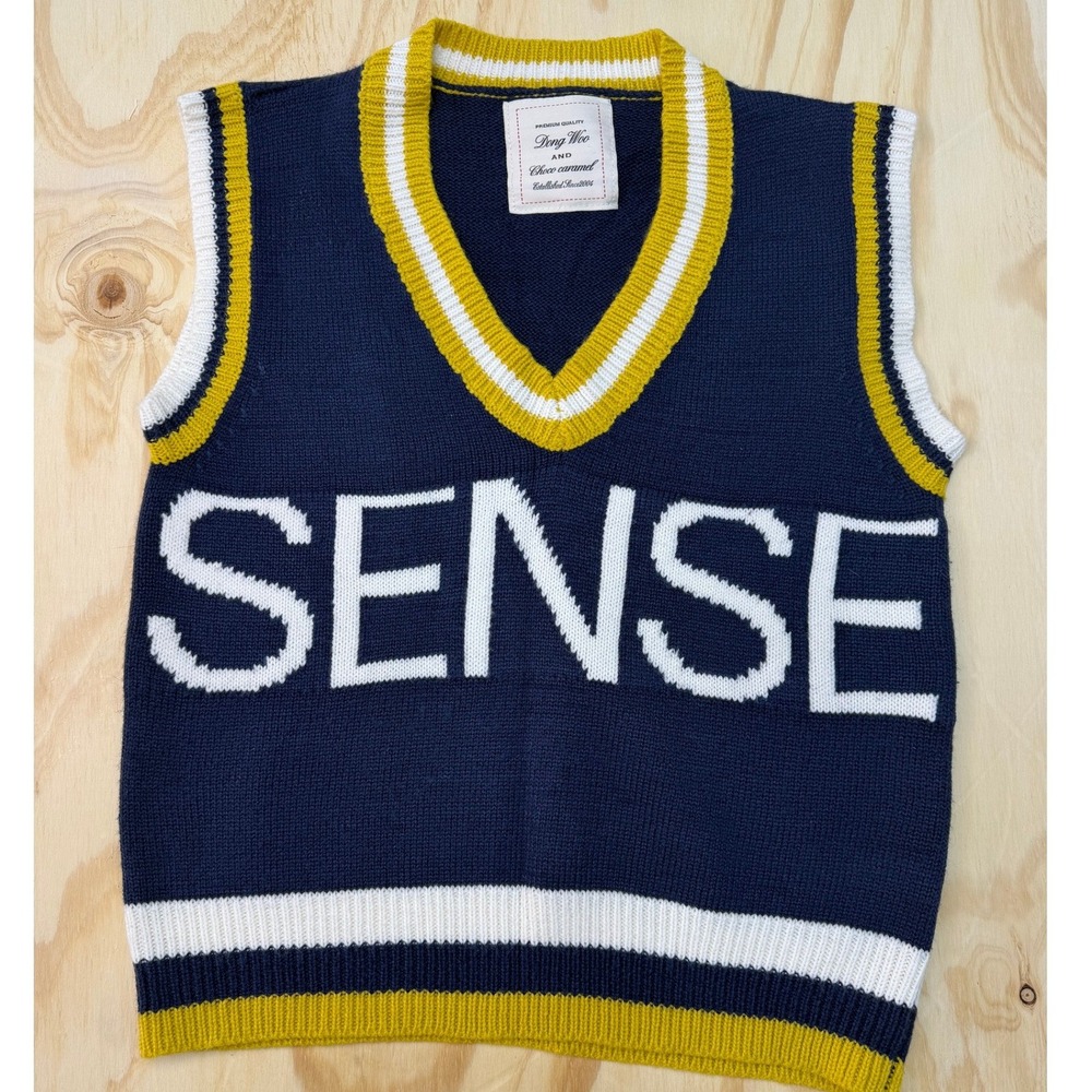 Dong Woo and Choco Caramel SENSE Knit Sweater Vest Navy Blue Yellow Varsity L